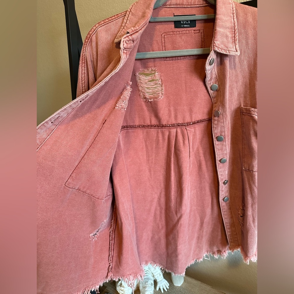 VICI Distressed Button-Down Shacket – Dusty Rose - image 7